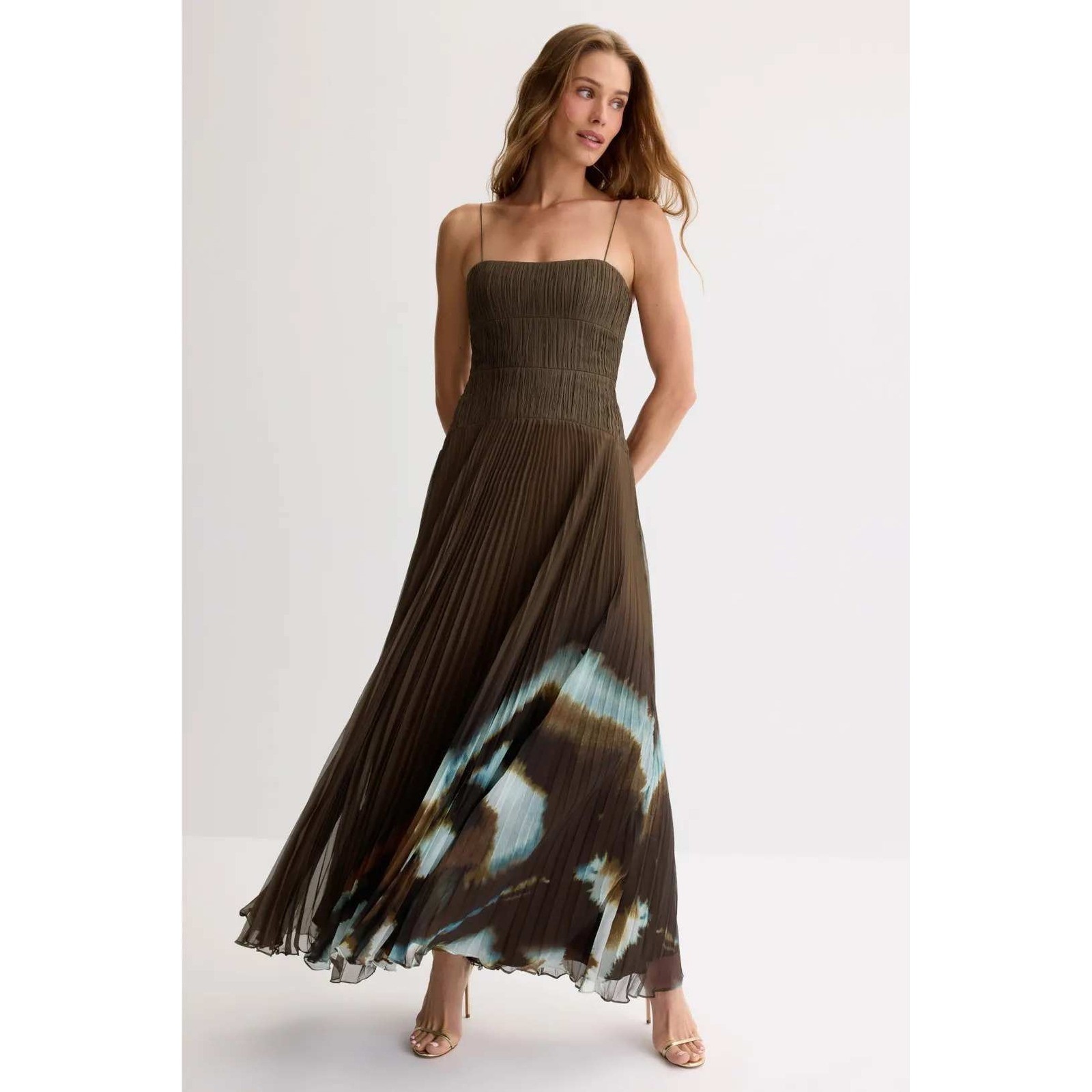 Amur Sue Pleated Gown Olive Green Tie Dye Spaghetti Strap Evening Gown Size 8